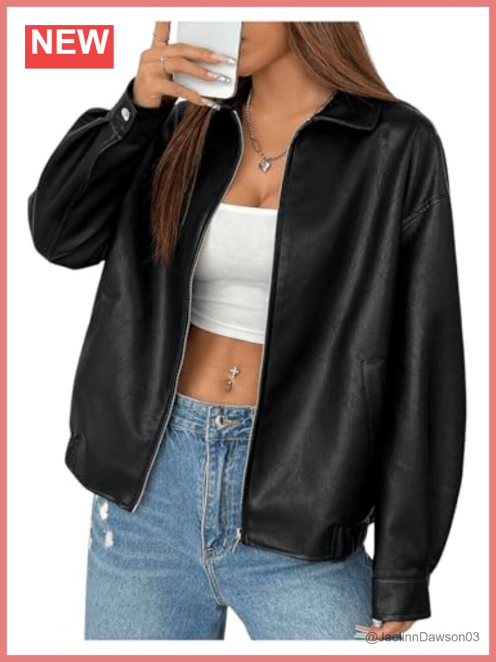 Faux Leather Zip Up Jacket Long Sleeve Drop Shoulder Outerwear Coat
